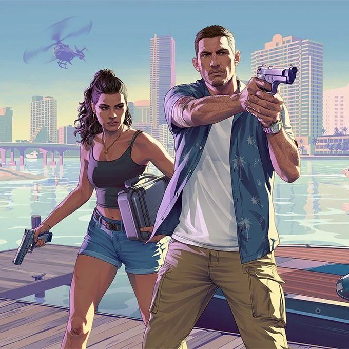 Illustrated pair on a dock with a case, a pistol, and a helicopter.