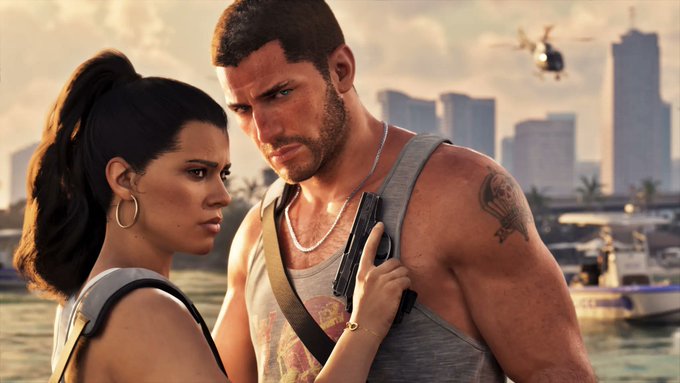 A woman and a man on the waterfront, a helicopter over the skyline.