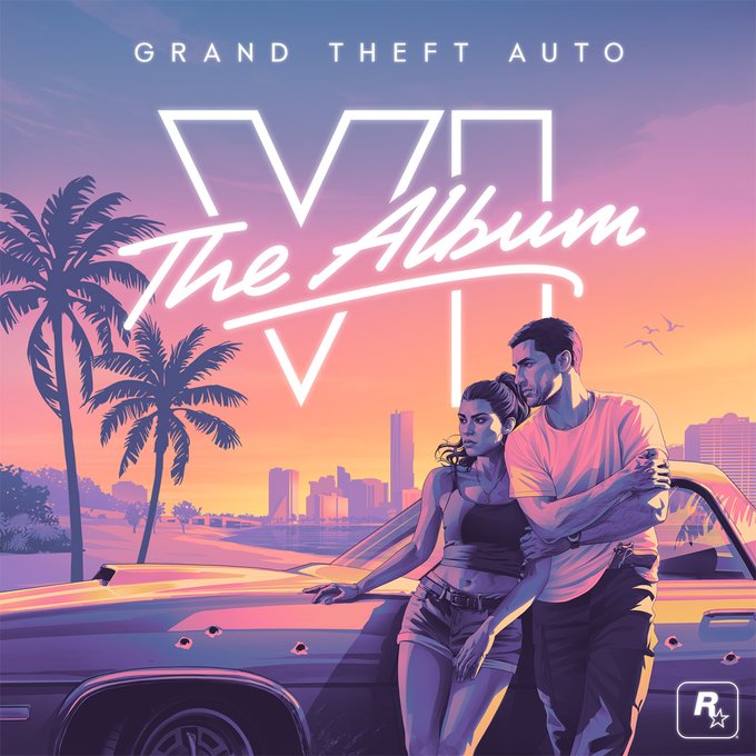 Sunset cover art of a couple leaning on a bullet-marked car under palms.