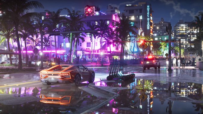 A sports car on a rain-soaked street under pink neon and palm trees.