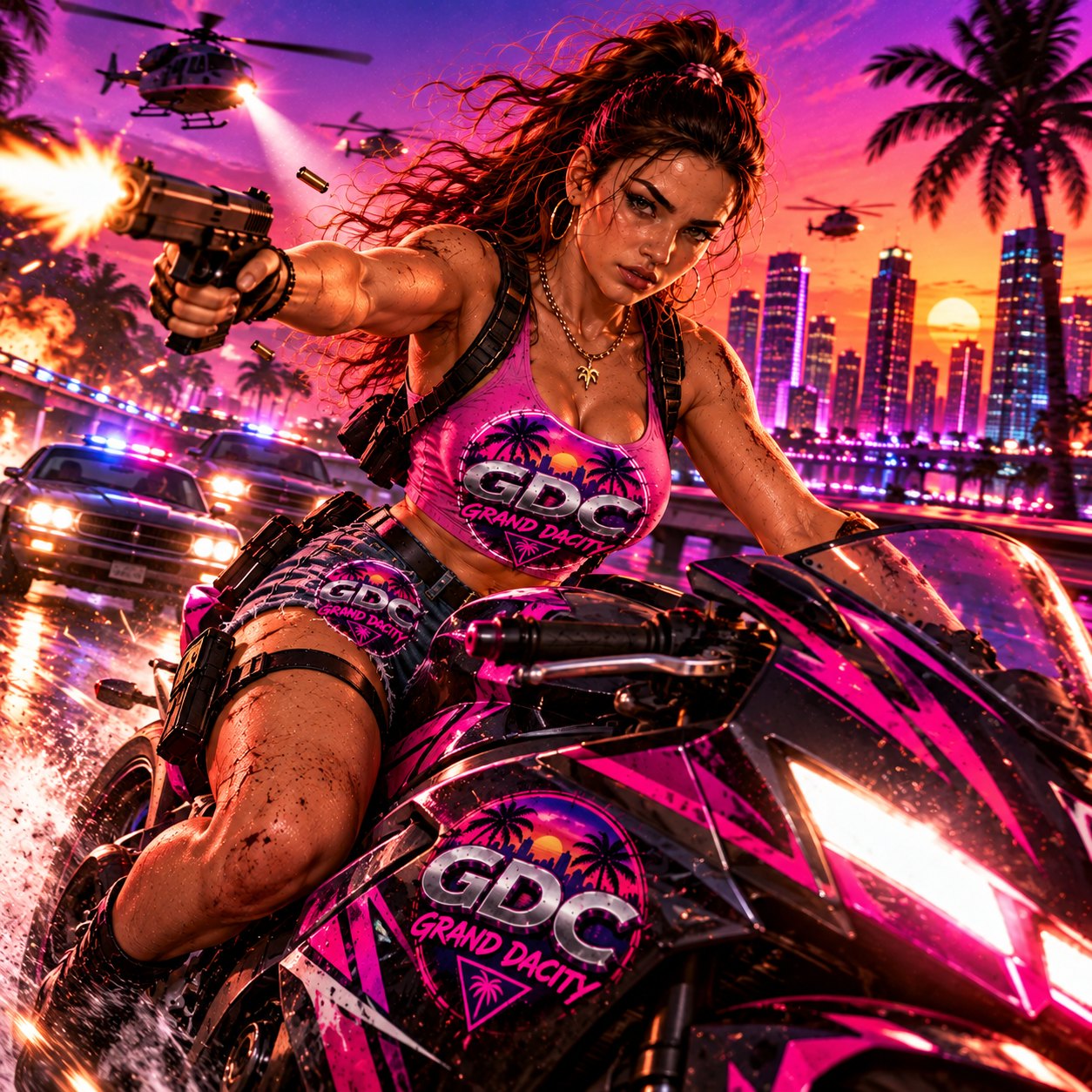 A woman in a GDC top firing a pistol from a pink motorbike, police and helicopters behind.