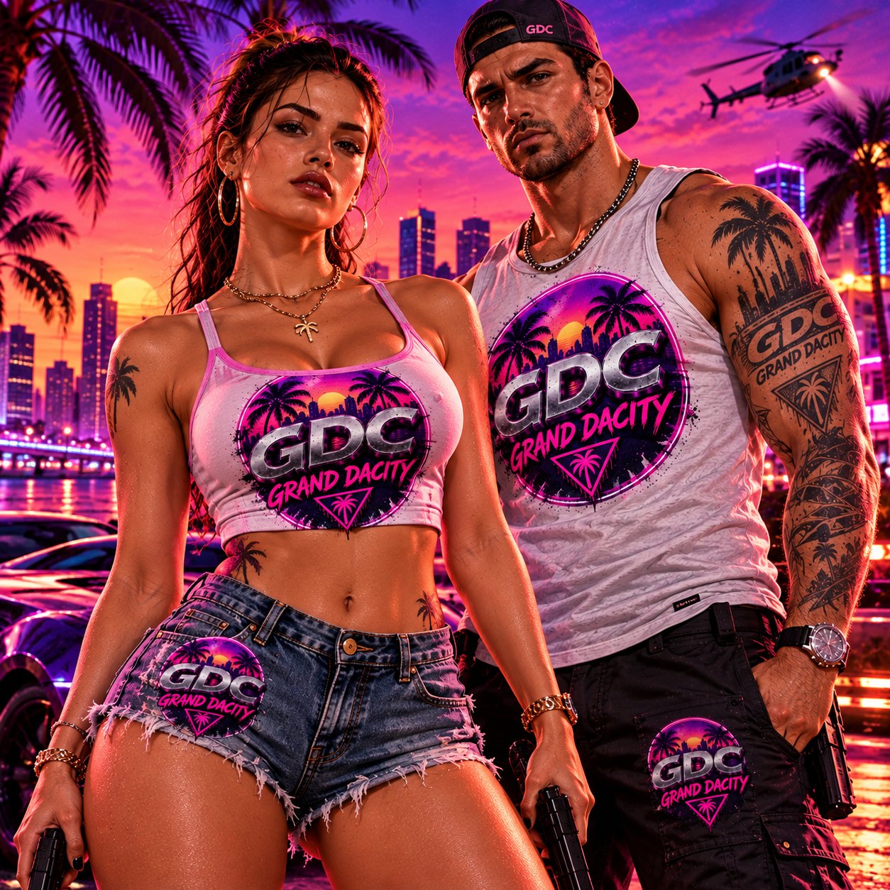 A couple in Grand Dacity shirts standing armed at sunset in front of the skyline.